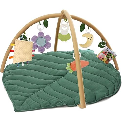 Baby Play Gym with Leaf Shaped Play Mat, Soft Padded Baby Tummy Time Mat, Machine Washable Infant Activity Playmat Center