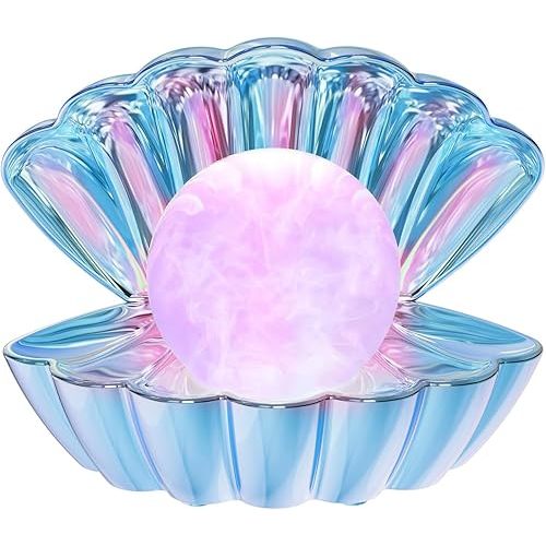 Shell Pearl Beach Themed Night Light, RGB 8 Colors Changing Mood Shell Pearl Lamps, Bedside LED Clamshell Portable Night Lights for Bar (Electroplating Blue)