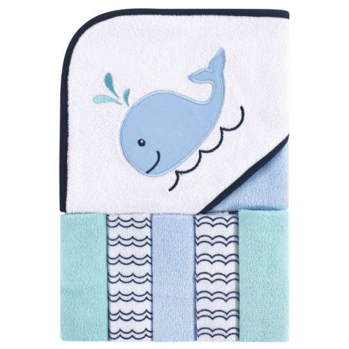 Luvable Friends Baby Boy Hooded Towel with Five Washcloths, Boy Whale, One Size