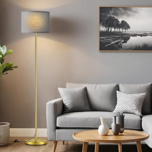 Ambimall 60'' Modern Floor Lamp with Shade, Tall Lamps for Living Room, Bedroom, Office, Dining Room, Beige Shade with Brown Pole(Without Bulb)