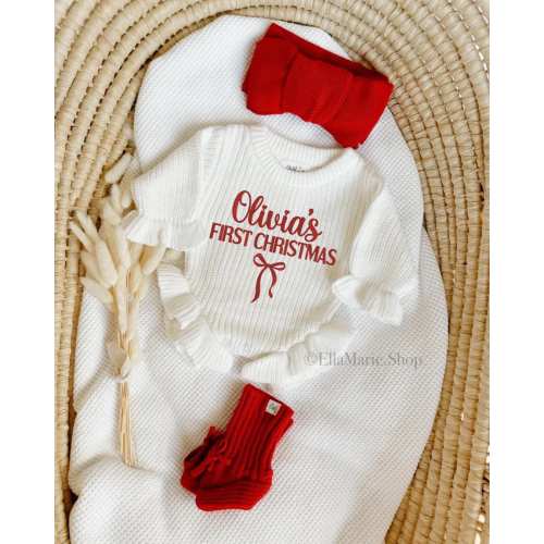 First Christmas Baby Girl Outfit, Santa Baby, Embroidered Name Sweater, Knit Ruffle Romper, Newborn Coming Home Outfit, Holiday Photoshoot