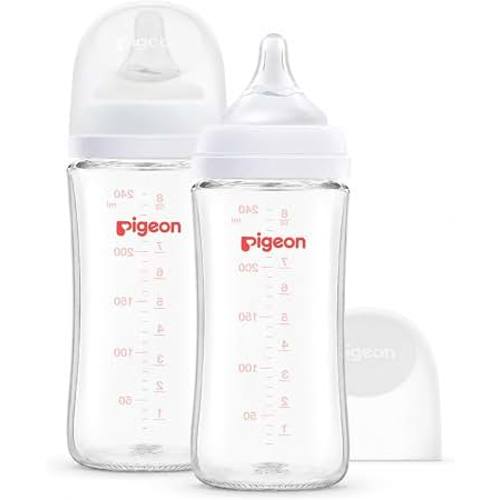 Amazon.com: Pigeon Glass Baby Bottles Wide Neck, 8.1 Oz, Pack of 2 | Borosilicate Glass, Anti-Colic Bottle, Natural Feel, Safe Feeding, Easy to Clean, Includes 2pcs M Nipples (3M+)