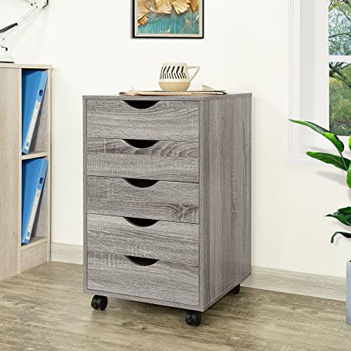 Naomi Home 5 Drawer Dresser for Bedroom Stylish Tall Dressers with Wheels Storage Shelves Small Dresser for Closet Makeup with 180 lbs Capacity - Gray Oak