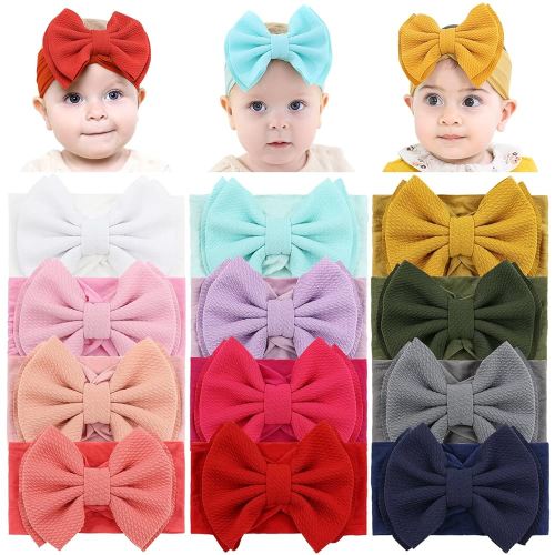 Cinaci 12 Pack Super Stretchy Nylon Headbands with Big Bow Hair Accessories Wide Headwraps for Baby Girls Infants Toddlers Kids