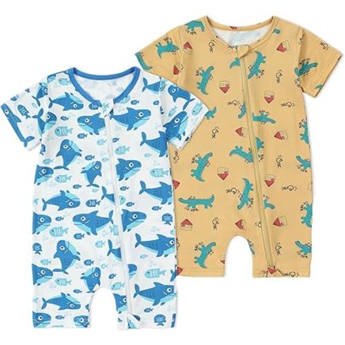 MICHLEY Baby Bamboo Viscose Short Sleeve Summer Romper 2 Pack, Unisex Newborn Zipper Bodysuit Toddler Clothes 0-24M