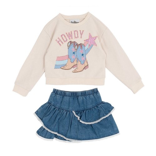 Rare Editions Little Girls Long-Sleeve Cowboy Boots Sweatshirt & Lace-Trim Asymmetrical Denim Skirt
