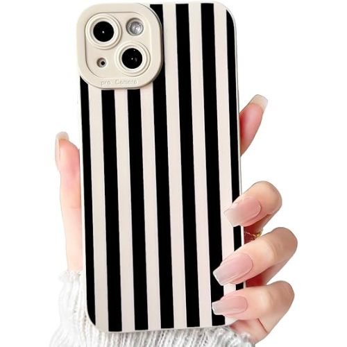 NITITOP Compatible with iPhone 14 Case Cute Stylish Line Stripe Pattern Design for Women Girls Soft TPU Shockproof Full Camera Protective Phone Cover - White Black