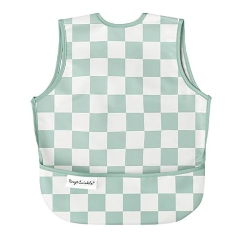Tiny Twinkle Mess Proof Baby Bib for Boys | Waterproof Toddler Bib for Eating | Baby Apron for Feeding, Machine Washable | Perfect Shower Gift (Green Checkers, 6–24M)