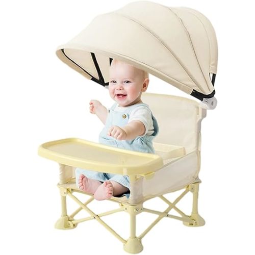 Baby Folding Chair with Sun Canopy and Tray, Portable Travel High Chair Baby Seat Booster, Multifunctional Child Dining Seat for Camping Indoor Outdoor