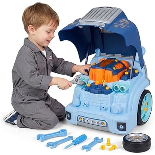 POFJOEQ Interactive Truck Engine Toy with Removable Parts - Lights, Sounds, and Fun for Young Mechanics -Unleash Their Creativity and Motor Skills with This Truck Engine Toy (Bule)