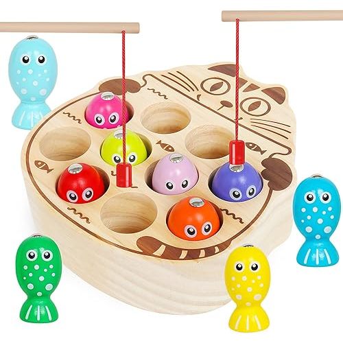 Wooden Magnetic Fishing Game for Toddlers 3-5,Montessori Preschool Education Activities Learning Fine Motor Skills Color Sorting Magnet Fish Toys Easter Gift for Boys Girls