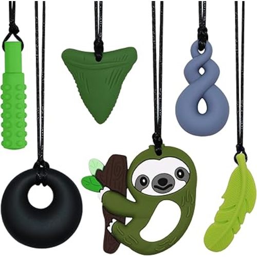 Sensory Chew Necklace for Kids Boys Girls, 6 Pack Silicone Chew Toys for Kids with ADHD Autism, Anxiety, Chewy Necklace Sensory Toys Reduce Adult Chewing Fidgeting (Green Sloth)