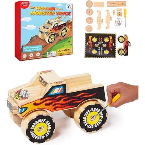 Little Jupiter DIY Wooden Kits w/Stickers - Kids Building Kit - Stem Toys for Ages 4-7 - Wood Crafts for Kids - Woodworking Kits (Monster Truck 1)