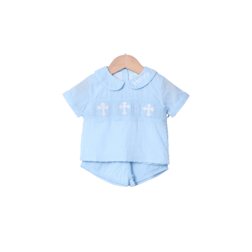 Smocked Cross Blue Swiss Dot Short Set