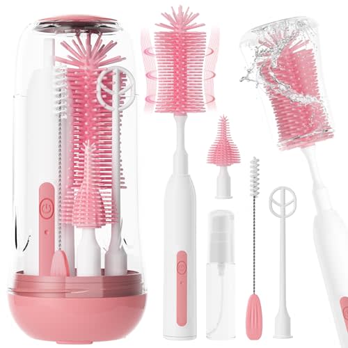 Electric Bottle Brush Cleaner,Rechargeable Baby Bottle Cleaning kit with Formula Mixer, Silicone Nipple&Straw Brush, Soap Dispenser, Drying Rack-IPX7 Waterproof,Long Battery Life for Home & Travel