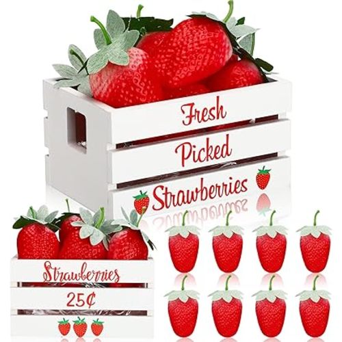 Maitys Strawberry Table Decor, Rustic Summer Tiered Tray Decor Mini Wooden Crate with 8 Fake Strawberry, Farmhouse Table Centerpiece Berry Decoration for Kitchen Mantel Shelf, Baby Shower Party Supply