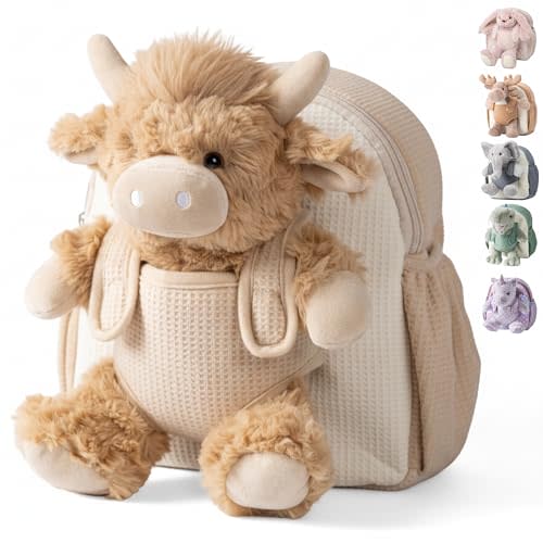 Moonkie Hug & Go Highland Cow Toddler Backpack  Soft Plush Bag with Take-Along Toy for Boys & Girls Aged 24 | Ideal for Daycare, Travel & Birthday Gifts for 3-Year-Old Kids