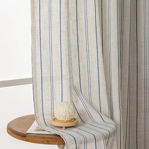 Blue Striped Linen Textured Curtains 96 inches Long Rod Pocket Coastal Farmhouse Light Filtering Semi-Sheer Window Drapes for Living Room Bedroom Dining 2 Panels
