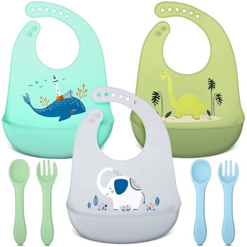 Zhanmai 3 Pack Silicone Bibs for Babies with Spoon Fork Adjustable Waterproof Rubber Feeding Bibs for Toddlers Boys Girls Kids Gifts(Vivid Style)