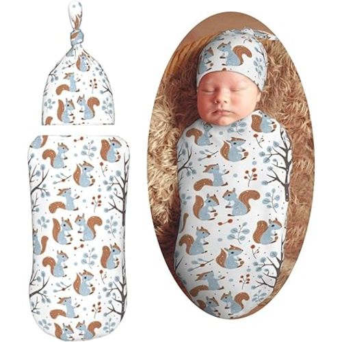 Cute Squirrels Winter Snow Newborn Swaddle Blankets Hat Sets Soft Baby Receiving Blanket Swaddle Sack for Baby Shower Infant Boy Girl Gift