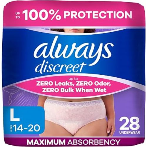 Always Discreet, Reimagined Adult Diapers for Women, Maximum Incontinence and Postpartum Underwear L, 28 Count​