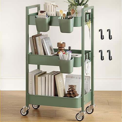 Nunsino 3 Tier Rolling Cart,Utility Cart with Locking Wheels, Hanging Cups,&Hooks, Heavy Duty Metal Storage Organizer Cart for Kitchen,Office, Bathroom,Craft Room,Green