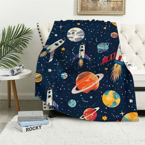 PRATYUS Outer Space Blanket for Boys, Soft Space Astronaut Theme Flannel Blanket for Nursery Baby Crib, Cozy Warm Navy Blue Rocket Galaxy Planet Fuzzy Throw Blanket Gift 40x50in