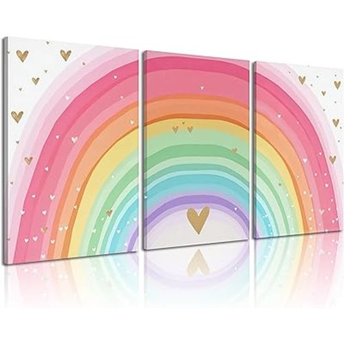 Girls Rainbow Canvas Wall Art Set of 3, Colorful Nursery Wall Decor Painting, Kids Heart Picture Poster Prints for Classroom Kids Room Baby Room Bedroom Dorm Home Decoration 12x16in
