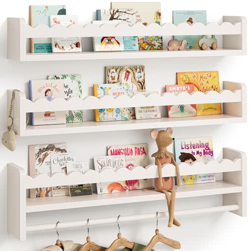Seocry Nursery Book Shelves, Scalloped Shelves, Floating Book Shelves for Wall, Nursery Deocr for Baby, Toddler (White, 23 Inches)
