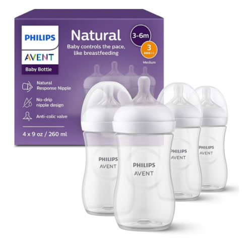 Philips Avent Natural Baby Bottles with Natural Response Nipples (Medium Flow, Flow 3), 9oz, 4-Pack, SCY903/04