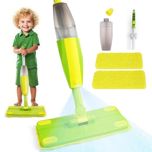 Lullulii Kids Spray Mop, Fun & Functional Toddler Mop Cleaning Set,Real Working Mini Mop, Pretend Play Toy Includes Spray Bottle,Washable Microfiber Pads, Montessori Kids Cleaning Toy Set -Green