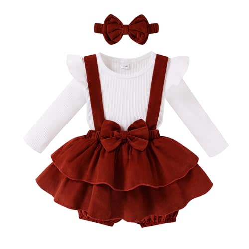 YOUNGER TREE Baby Girl Clothes Winter Outfit Long Sleeve Romper Newborn Fall Corduroy Suspender Skirt Set with Headband