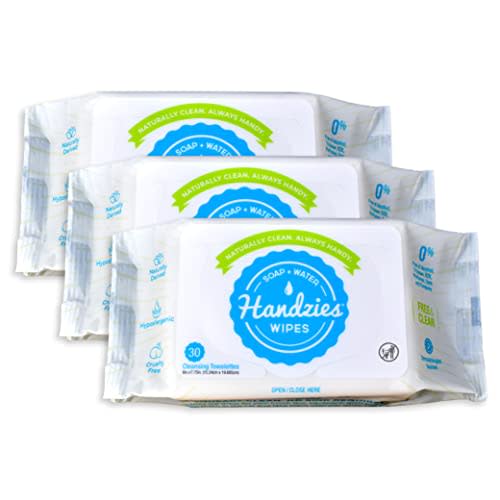 Handzies Alcohol-Free Natural Soap and Water Cleansing Towelettes - Free&Clear - 30ct soft pouch - Pack of 3 (90 total towelettes)