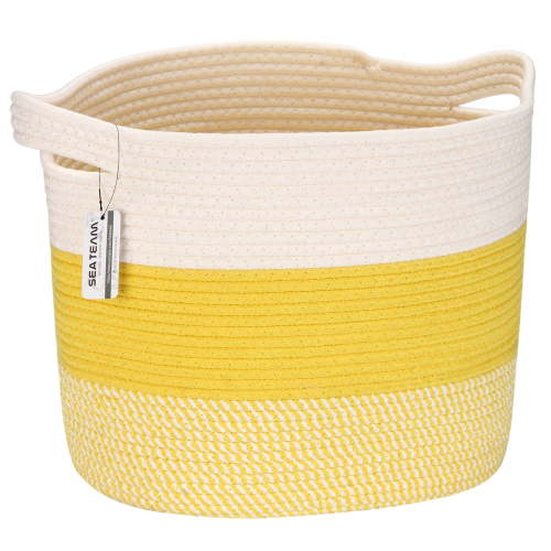 Sea Team Oval Cotton Rope Woven Storage Basket with Handles, 16 x 13 inches, White & Mottled Yellow