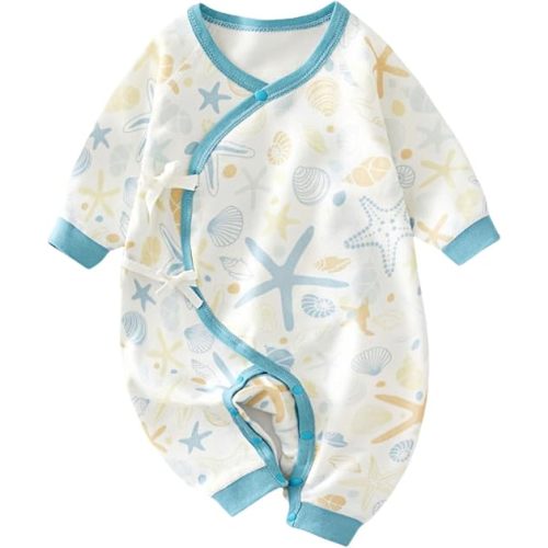 (3-6m) BINIDUCKLING Newborn Kimono Side Tie Wrap Over Long Sleeve Romper