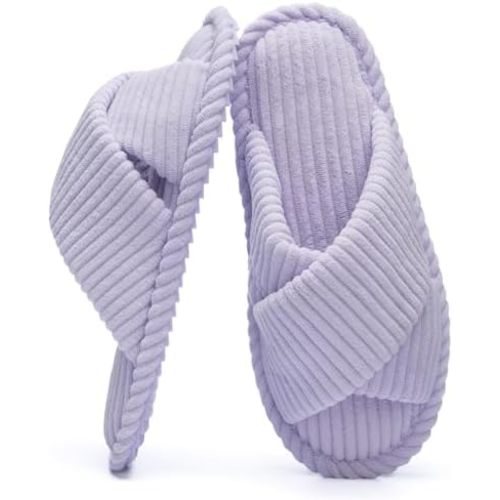 GOEWY Slippers for Women Memory Foam House Bedroom Corduroy Crossbands Open Toe Slides Sandals Shoes Comfy Trendy Gift for womens Anti-Skid sole