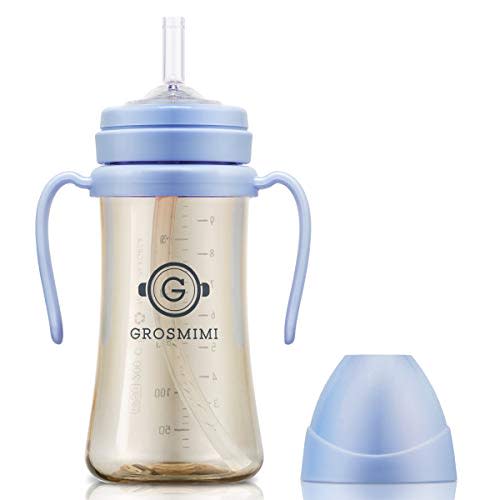 GROSMIMI Baby Straw Cup, Spill-Proof PPSU Sippy Cup with Rotating Handles for Babies & Toddlers 6+ Months, Silicone Straw, BPA-Free, Stage 1, 10oz/300ml (Sky Blue) | Babies & Toddlers 6+ Months | Removable Rotating Handles | Silicone Straw | Heat-Resis...