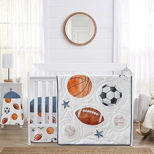 Sweet Jojo Designs 4-Piece Baby Crib Bedding Set (Vintage Sports) for Boys, Infants/Nursery incl. Blanket, Fitted Sheet, Skirt, Diaper Stacker (Baseball, Football, Soccer, Basketball, Watercolor Star)