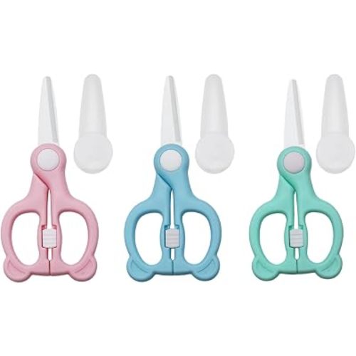 Baby Food Scissors with Travel Case, 3 Pack Ceramic Food Scissors Kids, Toddler Scissors with Safety Lock, Ideal for Pizza, Meats, Noodles, Vegetables, and Fruits(Pink,Blue,Green)