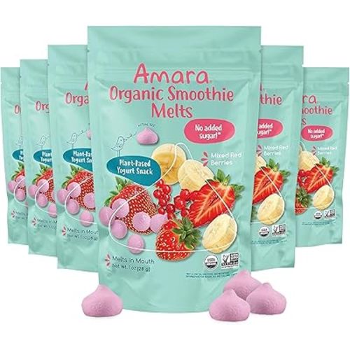 Amara Smoothie Melts - Mixed Red Berries - Baby Snacks Made With Fruits and Vegetables - Healthy Toddler Snacks For Your Kids Lunch Box - Organic Plant Based Yogurt Melts - 6 Resealable Bags