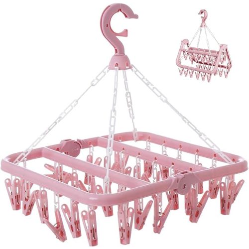 Clothes Drying Rack with 32 Clips, Foldable Hanging Rack, 360° Rotatable Hook for Drying Socks Baby Clothes Towels Gloves(Light Pink)