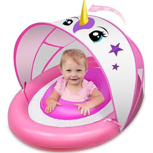 Baby Float with Canopy, UPF50+ Sun Protection, Dual Air Chambers, Inflatable Baby Pool Float for Age 6-36 Months, Toddler Pool Float wtih Adjustable Safety Seat, 4 Stage Adjustable Sun Canopy