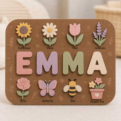 Personalized Flower Name Puzzle | Floral Wooden Name Puzzle | Custom Girl Name Puzzle | Montessori Toddler Gift