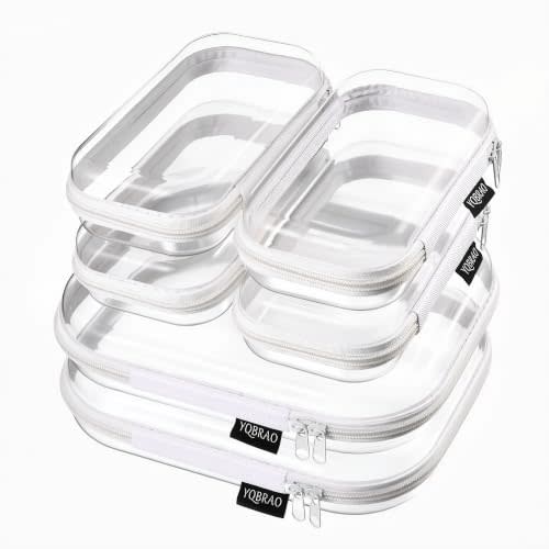 YQBRAO Clear Hard Shell Zipper Cases, 6 Travel Organizers, 2M 4S, White | Rigid clear shells in two practical sizes separate toiletries, skincare, cosmetics, chargers and frequently used accessories