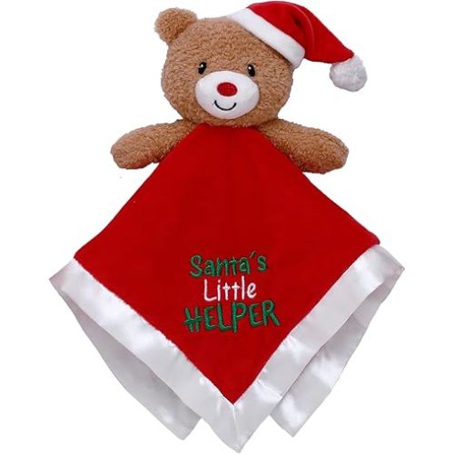 Baby Starters 13 inches Plush Bear Snuggle Buddy, Security Blanket with Toy Rattle and Satin, Santa's Little Helper Embroidery, Christmas Red