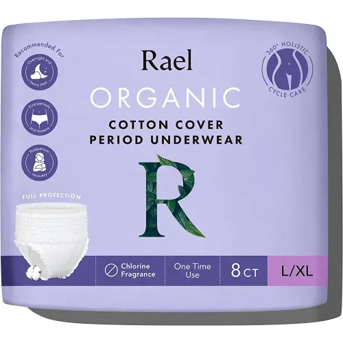 Rael Disposable Underwear for Women, Organic Cotton Cover - Incontinence Pads, Postpartum Essentials, Disposable Underwear, Unscented, Maximum Coverage (Size L-XL, 8 Count)