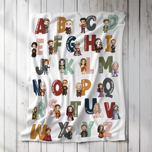 Catholic Saint ABCs Blanket | Holy Saints of Heaven Velveteen Throw | Baptism, Baby Shower, 1st Communion Kids Gift | Godchild Son Daughter