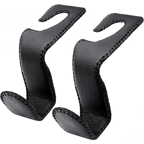 Headrest Hooks for Purses and Bags, 2 Pack Car Seat Hooks for Grocery Bag Handbag, Metal Car Purse Holder Covered by Leather, Black