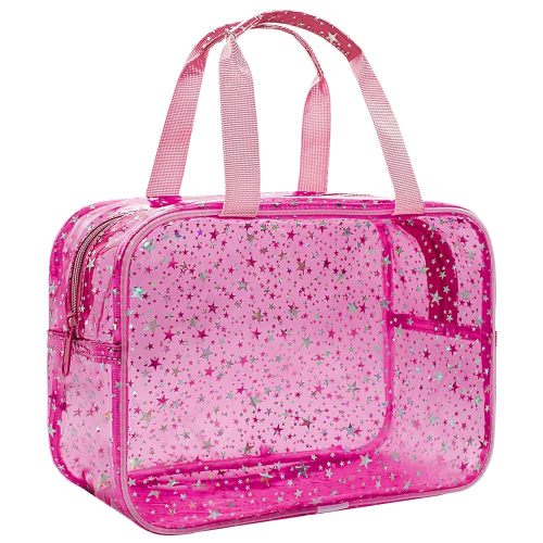 Clear Black Star Large Makeup Bag with Star Pattern 12x5x8 inch, Travel Cosmetic Bag with Handle, Durable PVC Material Washbag Zipper Opening Design for Makeup Travel Organizer or Gym Use