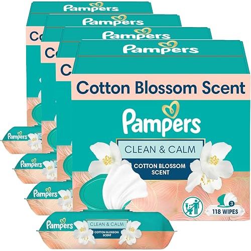 Pampers Wipes, Clean & Calm, Cotton Blossom Scent, 168 Wipes Total (3X Pop-Top Packs) (Pack of 4)